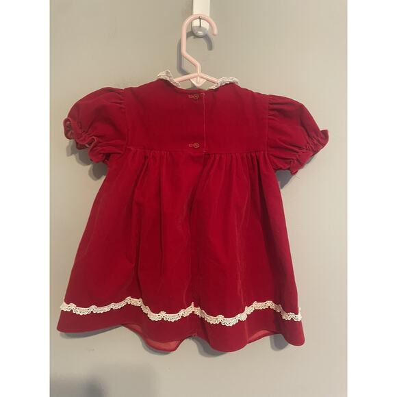 Vintage HUGS & KISSES Baby Girl Dress Sz 12 Mos Red Velvet Short Sleeve Lace - Picture 4 of 6
